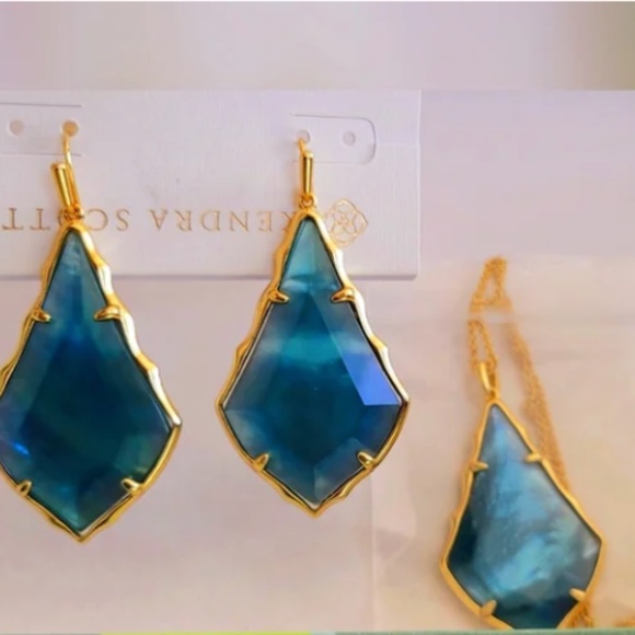 Kendra Scott "Alex" Long Pendant/ Earring Set, Gold Teal Illusion NWOT - Picture 3 of 7